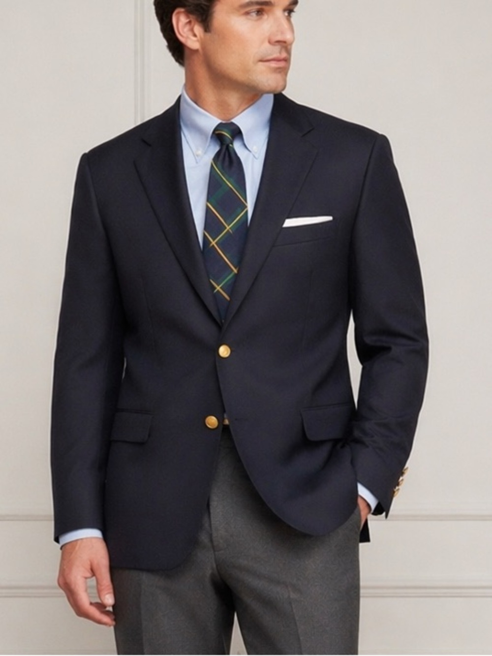 BROOKS BROTHERS Madison SaxXon Wool Navy Blazer Sport Coat 46L Gold Button